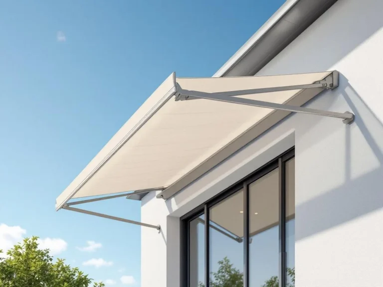 Modern retractable awning with beige fabric and aluminum arms mounted on contemporary house facade with blue sky