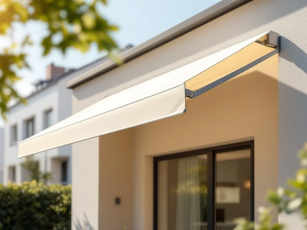 Modern knikarmscherm met uitschuifbare armen boven terras, werpend zachte schaduwen op zonnige dag