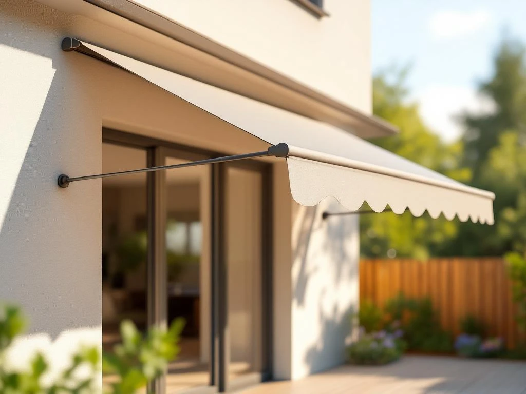 Moderne knikarmscherm met rechte onderkant gemonteerd op hedendaagse gevels, creëert schaduw op zonnig terras