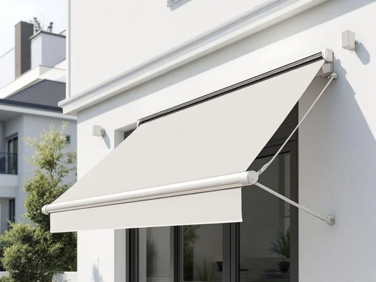 Knikarmscherm op moderne gevel met scheef uitgevouwen zonnedoek, één zijde verder uitgeschoven dan de andere.