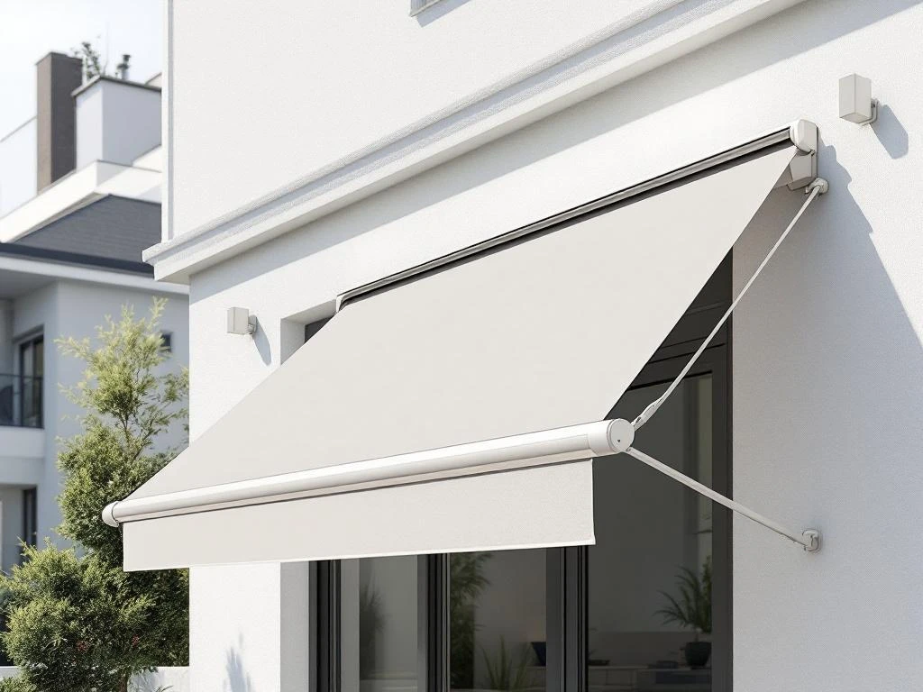 Knikarmscherm op moderne gevel met scheef uitgevouwen zonnedoek, één zijde verder uitgeschoven dan de andere.