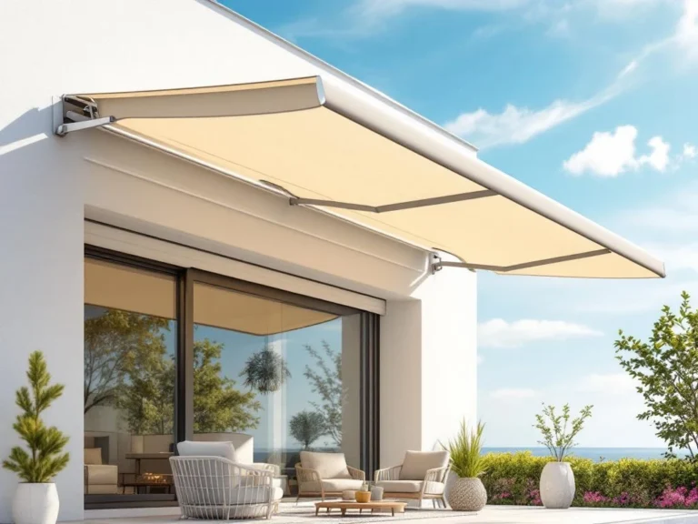 Retractable awning met twee steun armen gemonteerd op wit modern gebouw boven terras met tuinmeubilair bij zonnig weer