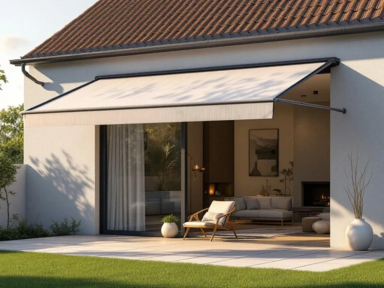 Moderne knikarmscherm met uitklapbare armen op hedendaagse gevel boven terras met geometrische schaduwpatronen