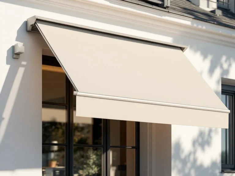 Moderne knikarmscherm met beige stof en zichtbare armen gemonteerd op witte gevel, creëert schaduw op terras