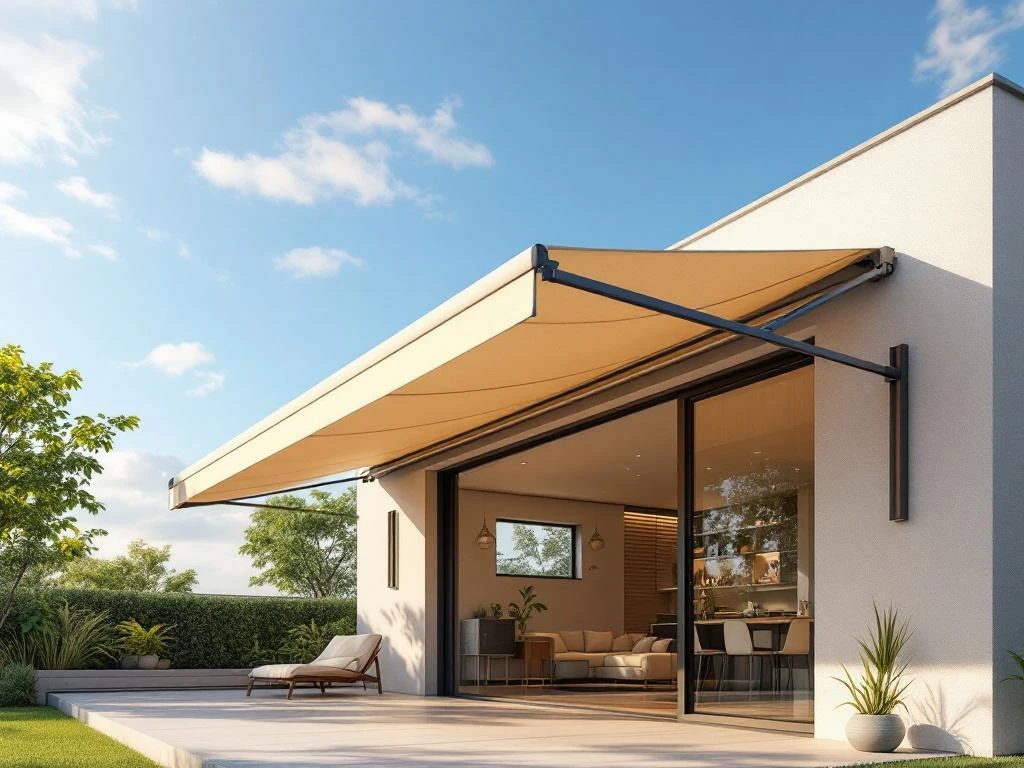 Modern knikarmscherm met beige stof aan eigentijdse woning, articulated armen uitgestrekt, werpt schaduw op terras
