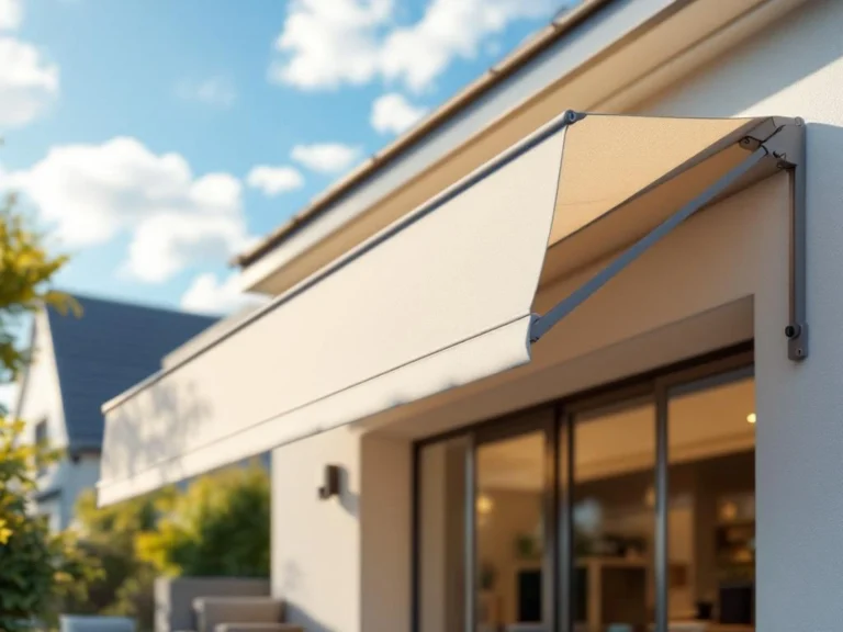 Moderne knikarmscherm in beige uitgeschoven boven zonnig terras met blauwe lucht en tuinmeubilair