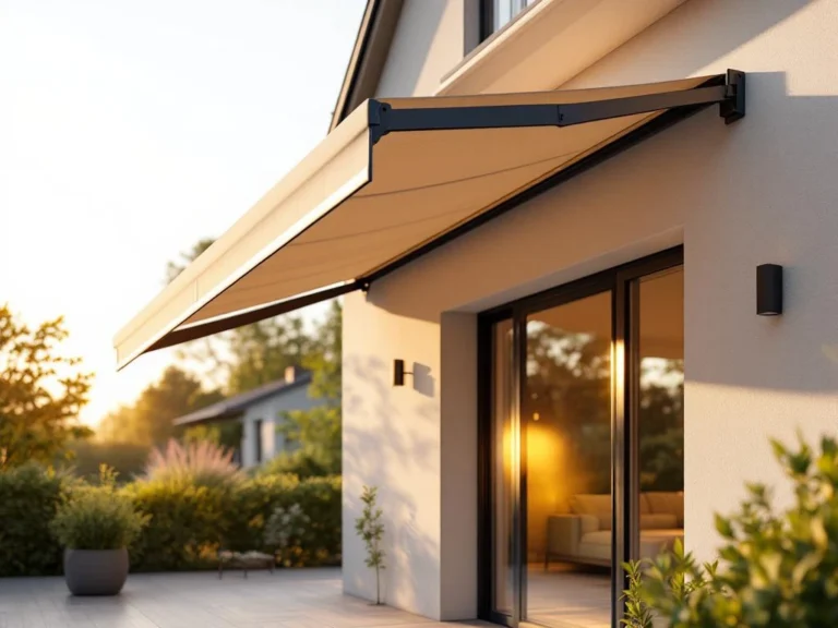 Moderne knikarmscherm met uitklapbare armen gemonteerd op hedendaagse woning, neutrale stof in gouden zonlicht