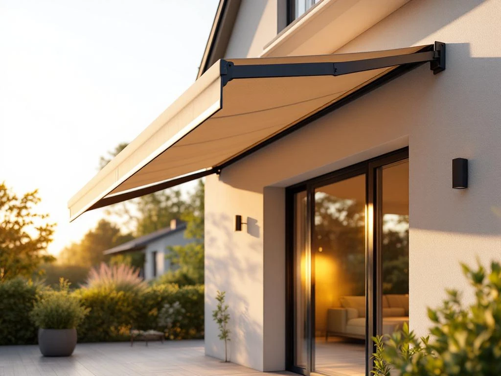 Moderne knikarmscherm met uitklapbare armen gemonteerd op hedendaagse woning, neutrale stof in gouden zonlicht