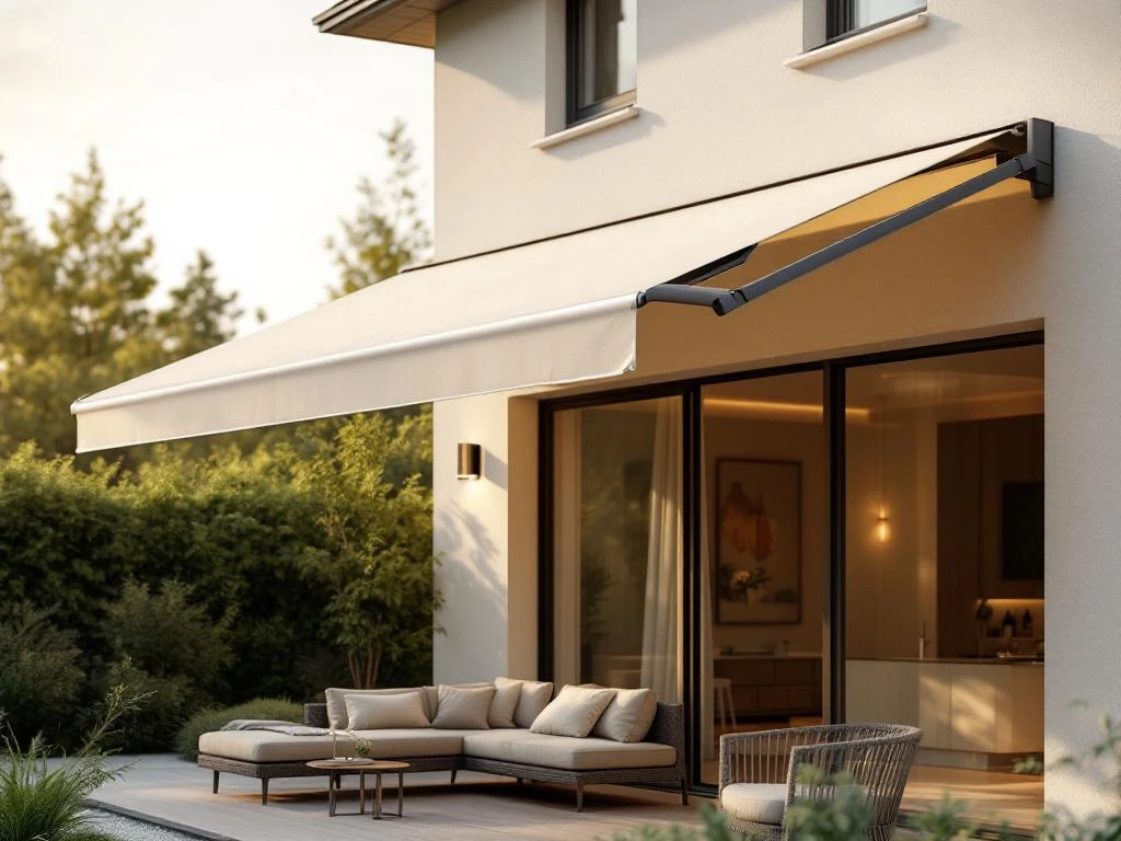 Moderne knikarmscherm met crème stof en rechte onderkant gemonteerd boven terras met tuinmeubilair in zonlicht