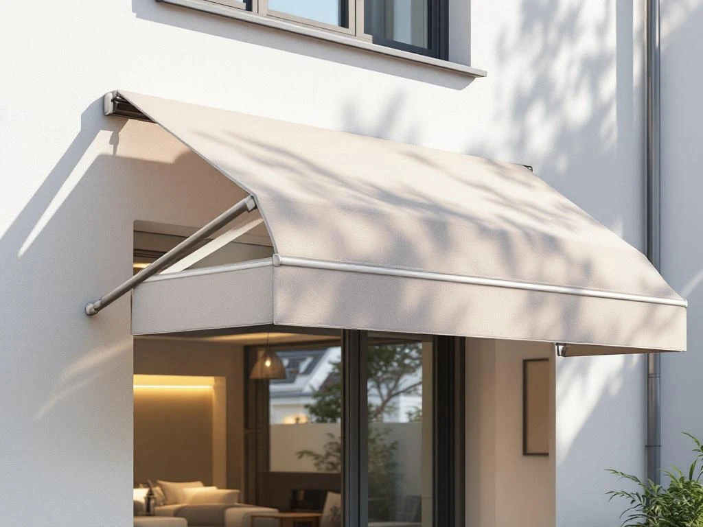 Knikarmscherm met twee gelede armen gemonteerd op witte gevel, neutrale stof zonder boordjes, schaduw op terras