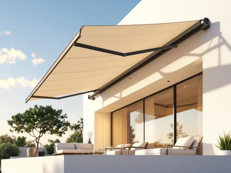 Moderne knikarmscherm met uitgeschoven armen aan witte gevel, neutrale markiesdoek werpt schaduw over terras bij zonsondergang