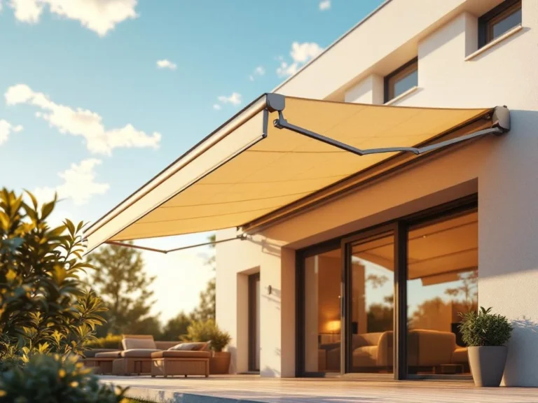 Moderne knikarmscherm met uitklapbare armen op terras, biedt UV-bescherming met dramatische schaduw tegen blauwe lucht