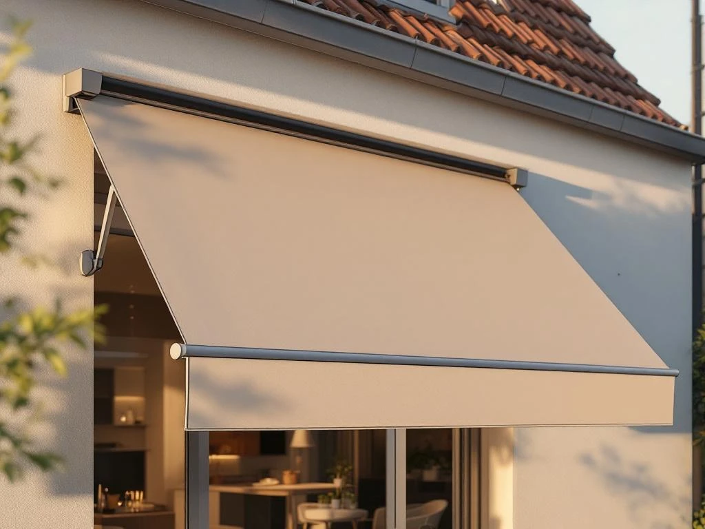 Moderne knikarmscherm met uitschuifbare armen gemonteerd aan gebouwgevel, creëert schaduw op terras