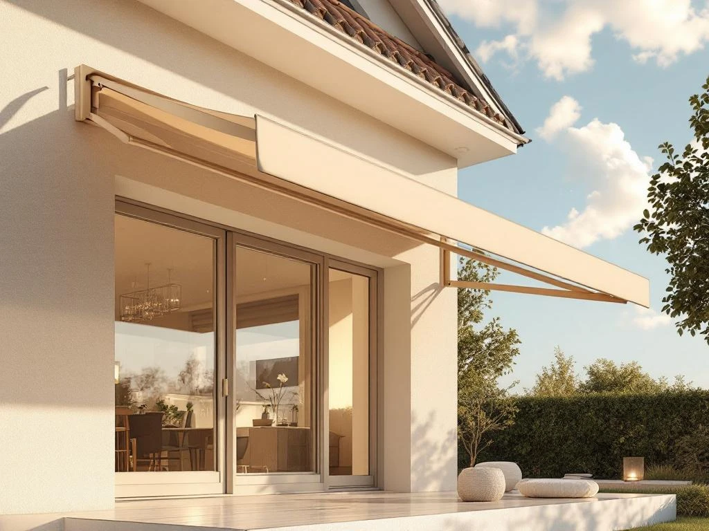Moderne knikarmscherm met rechte onderkant gemonteerd op hedendaagse huisgevel, volledig uitgeschoven boven terras