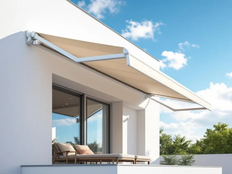 Uitschuifbare knikarmscherm in beige stof gemonteerd aan witte gevel, schaduw op modern terras met tuinmeubilair