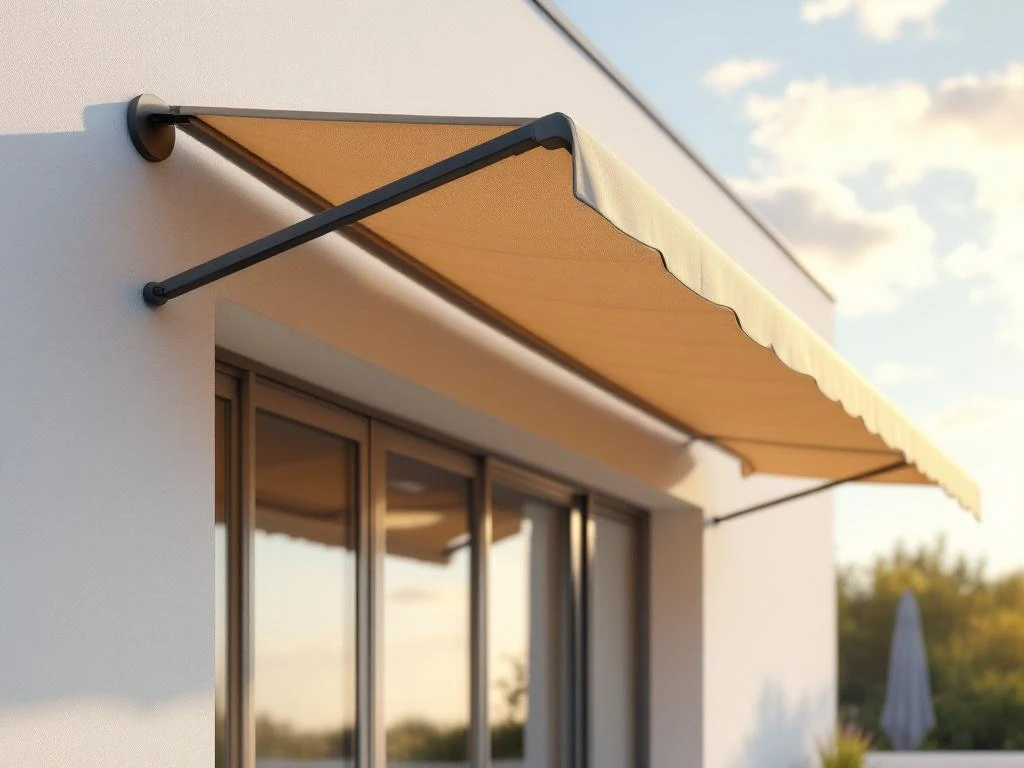 Moderne knikarmscherm met neutrale stof uitgerold op wit gebouw tijdens gouden uur, zonneterras zichtbaar