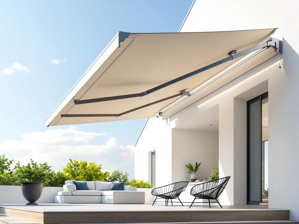 Moderne knikarmscherm met beige zonnedoek aan witte gevel, uitklapbare armen werpen schaduw over terras met tuinmeubelen