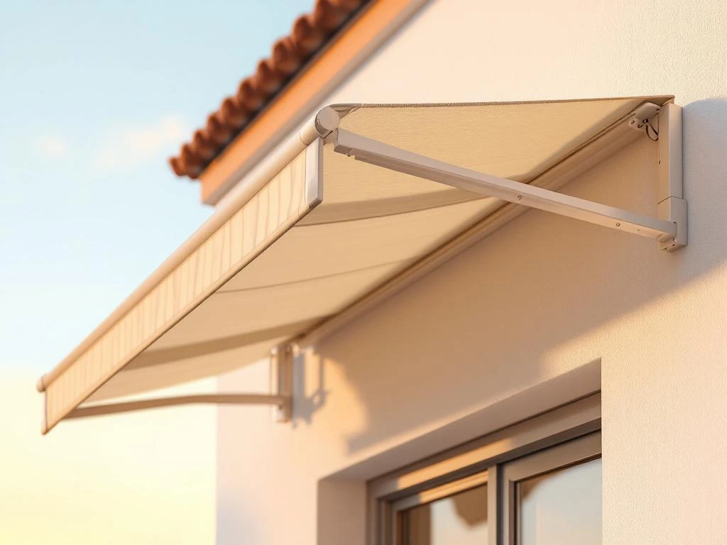 Knikarmscherm met beige markiesdoek gemonteerd op witte gevel, zichtbare slijtage en verwering, gouden uurtje verlichting