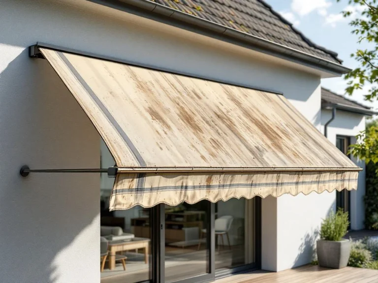 Knikarmscherm met slijtage gemonteerd op moderne huisgevel, zichtbare scheurties en doorzakking in zonlicht