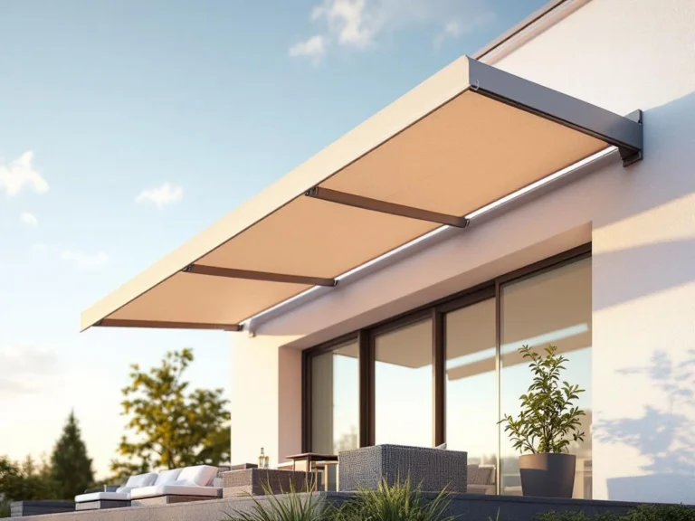 Moderne knikarmscherm met beige zonwering gemonteerd op witte gevel, twee uitklapbare armen beschaduwen terras