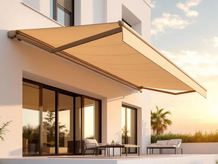 Moderne knikarmscherm met beige luifel gemonteerd op wit gebouw, met terras en tuinmeubilair eronder