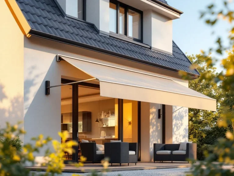 Moderne knikarmscherm met beige stof gemonteerd op hedendaagse huisgevel, zonnig terras met schaduw eronder