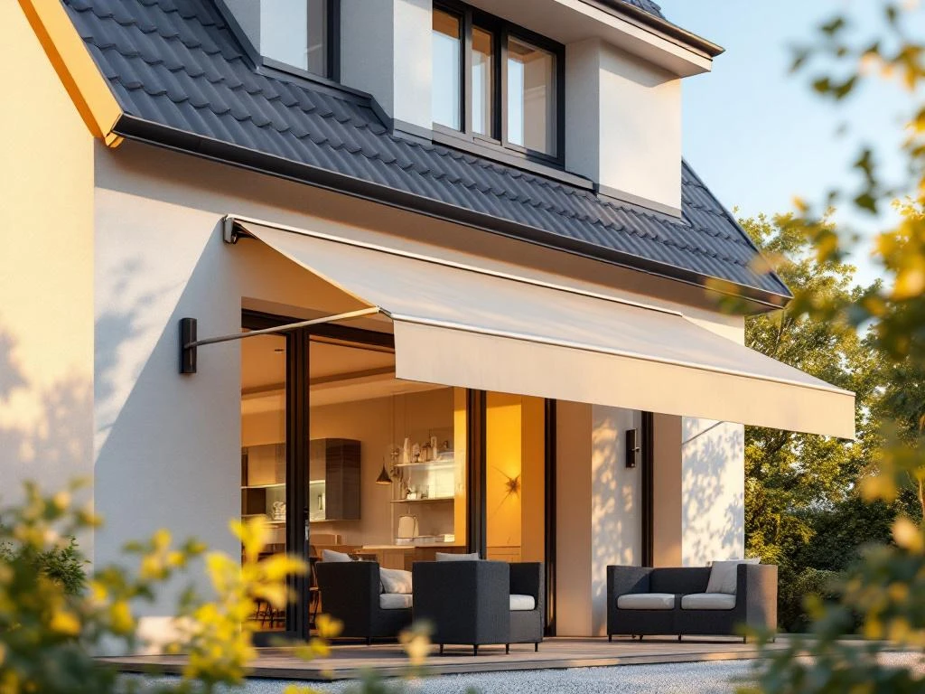 Moderne knikarmscherm met beige stof gemonteerd op hedendaagse huisgevel, zonnig terras met schaduw eronder