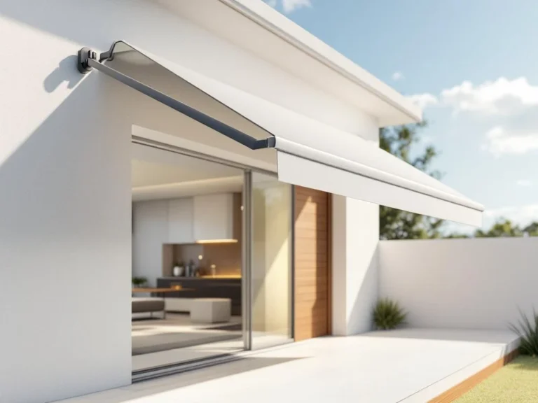 Moderne knikarmscherm met uitschuifbare armen gemonteerd op hedendaagse gevel, terras in schaduw op zonnige dag