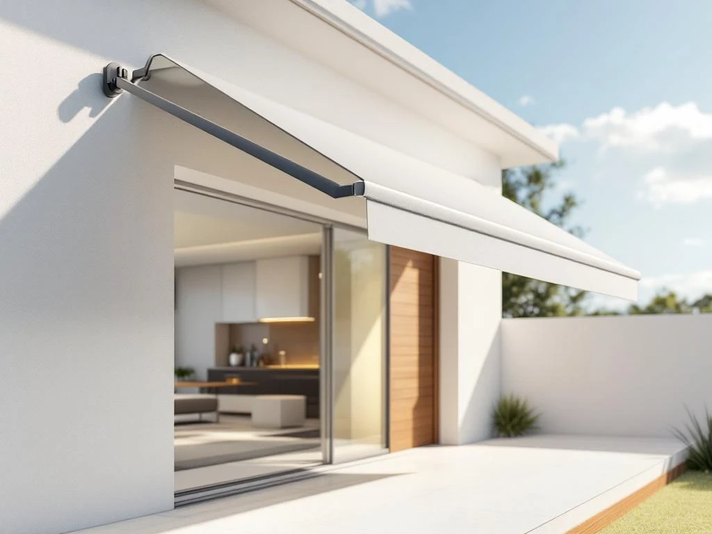 Moderne knikarmscherm met uitschuifbare armen gemonteerd op hedendaagse gevel, terras in schaduw op zonnige dag