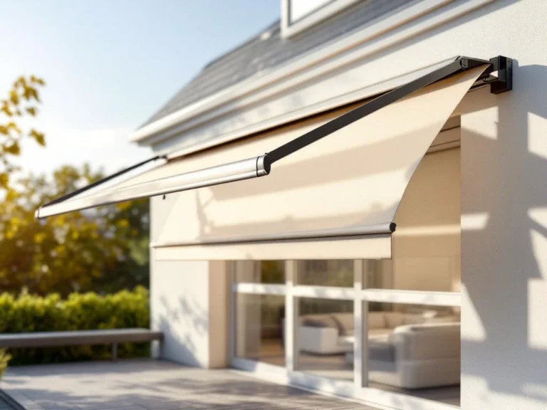 Moderne knikarmscherm met twee uitschuifbare armen gemonteerd aan eigentijdse gevel, neutrale stof werpt schaduw op terras