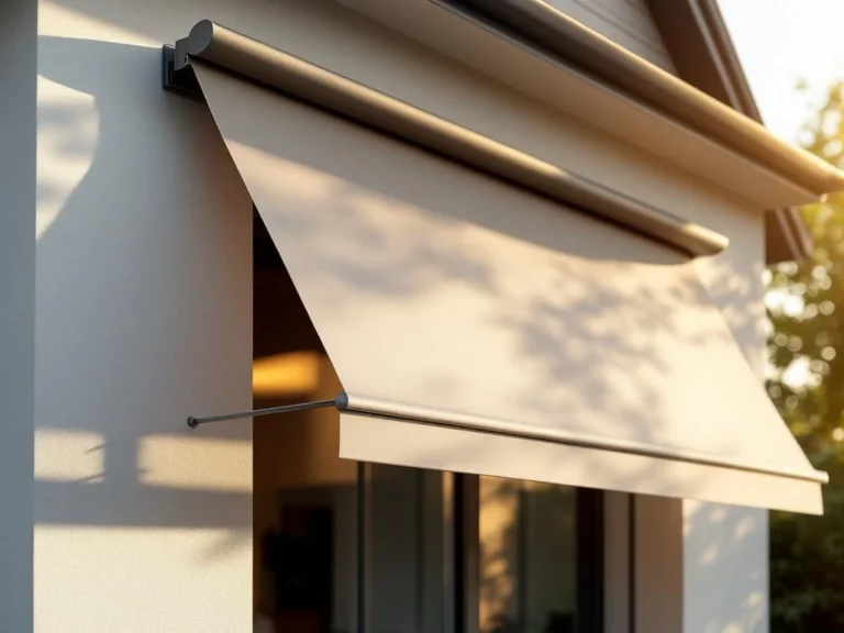 Moderne knikarmscherm met uitklapbare armen aan hedendaagse gevel, neutrale zonnedoek werpt schaduw op terras
