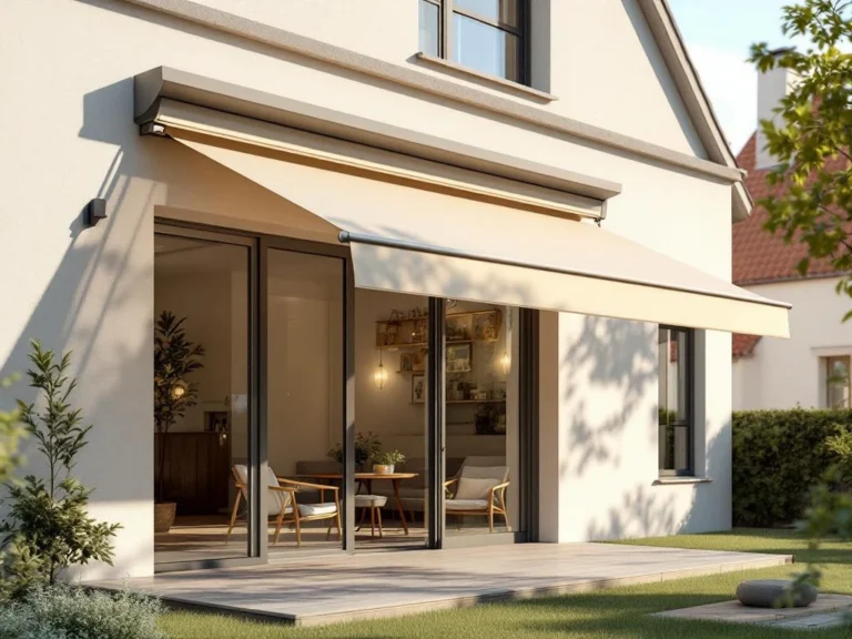 Moderne knikarmscherm met uitschuifbare armen gemonteerd op eigentijdse huisgevel, neutrale luifel biedt zonneschaduw op terras.