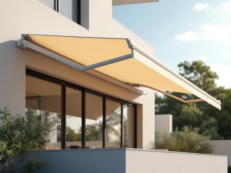 Moderne uitschuifbare zonwering met zichtbare gelede armen op eigentijds gebouw boven zonnig terras