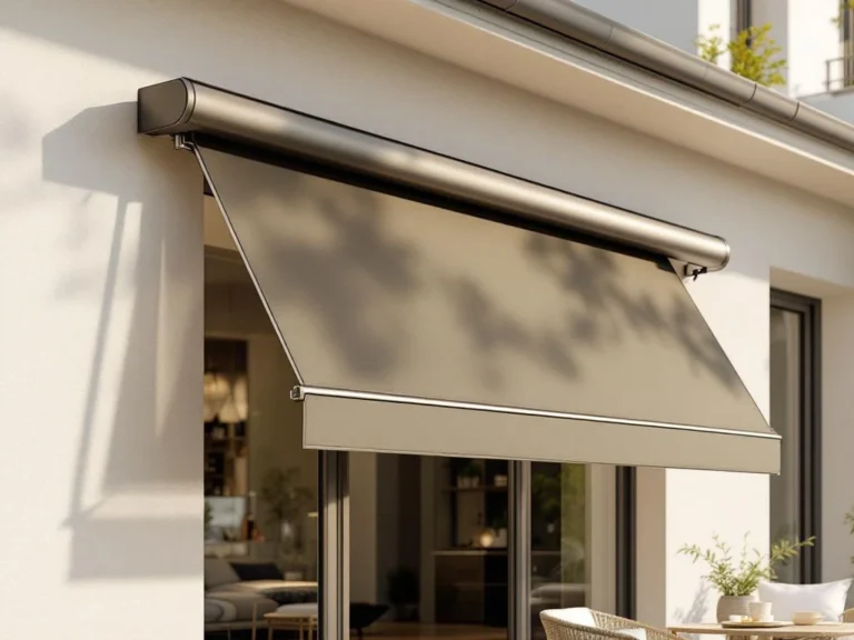 Moderne uitschuifbare zonwering met vouwarmensysteem gemonteerd op eigentijdse woning met terras in zonlicht