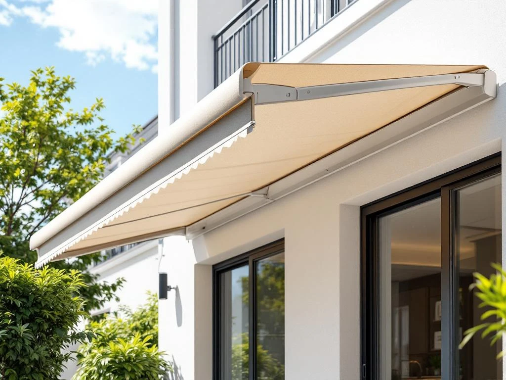 Moderne uitschuifbare zonwering met gearticuleerde armen gemonteerd op wit gebouw boven zonnig terras