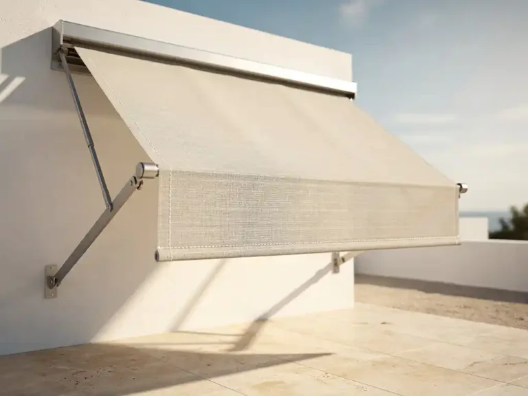 Moderne cassette-zonneluifel met uitgeschoven armen op wit gevelpand, uitgespreid over zonnig terras met scherpe schaduwen op lichtkleurige bestrating.