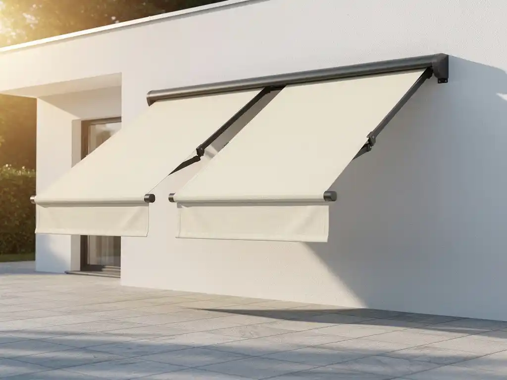 Moderne cassette-zonneluifel met uitgeschoven armen boven zonnig terras, gemonteerd aan witte gevel, crème en antraciet tinten.