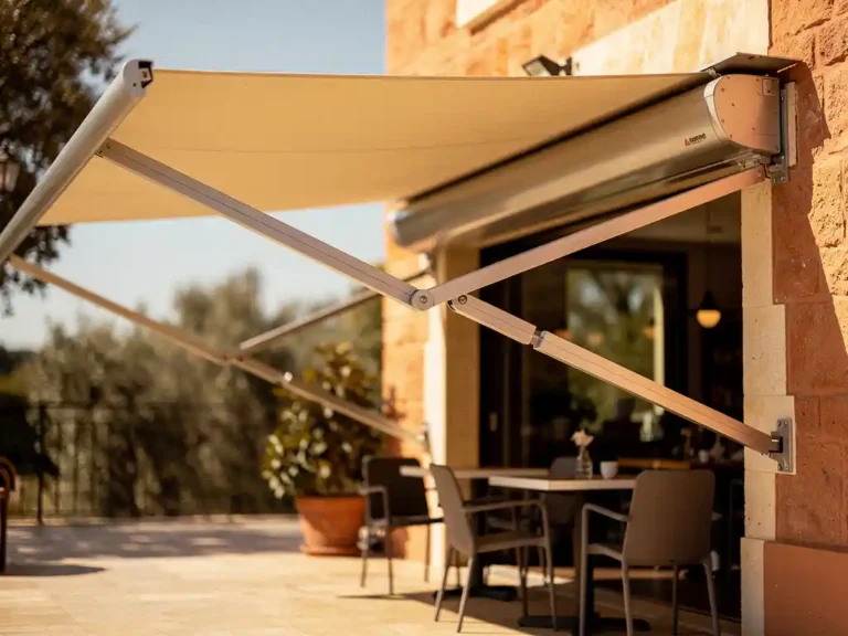 Uitgeschoven cassette-zonwering met twee gewrichtsarmen boven een zonnig restaurantterras, gemonteerd tegen een warme stenen gevel.