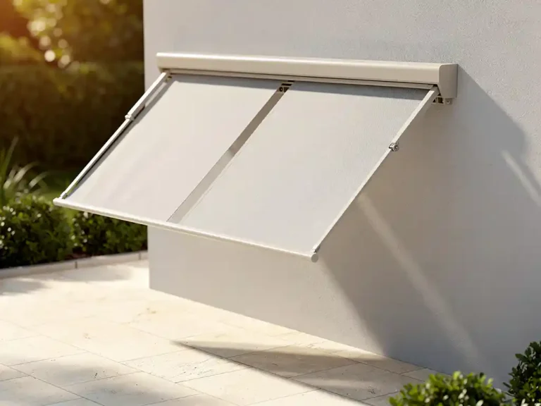 Moderne cassette-zonneluifel met uitgeschoven armen boven zonnig terras, gemonteerd aan lichtgrijze gevel met crèmekleurige tegels.