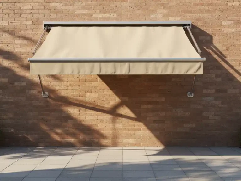 Uitgeschoven knikarmscherm op moderne bakstenen gevel boven zonnig terras, met zichtbare doorhanging en ongelijke spanning in het doek.
