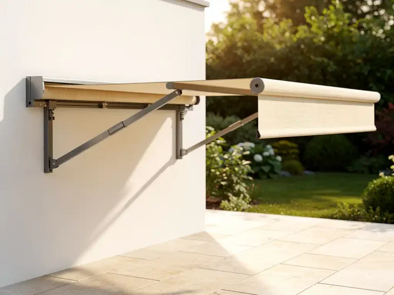 Moderne uittrekbare zonneluifel met twee uitgeschoven armen op zonnig terras, gemonteerd aan witte gevel met groene tuin op achtergrond.