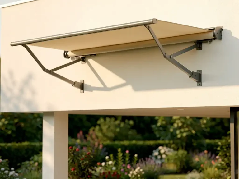 Uitgeschoven terrasoverkapping met twee zichtbare armen gemonteerd aan witte gevel, roomkleurig doek in middagzon boven groene tuin.
