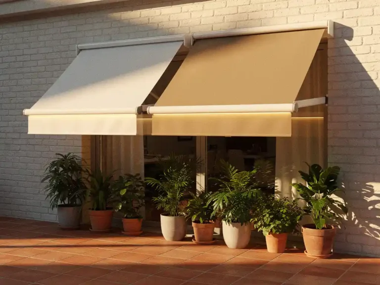 Moderne uittrekbare luifel met gelede armen op lichte bakstenen gevel, LED-verlichting langs de zoom, terracotta tegels in middagzon.