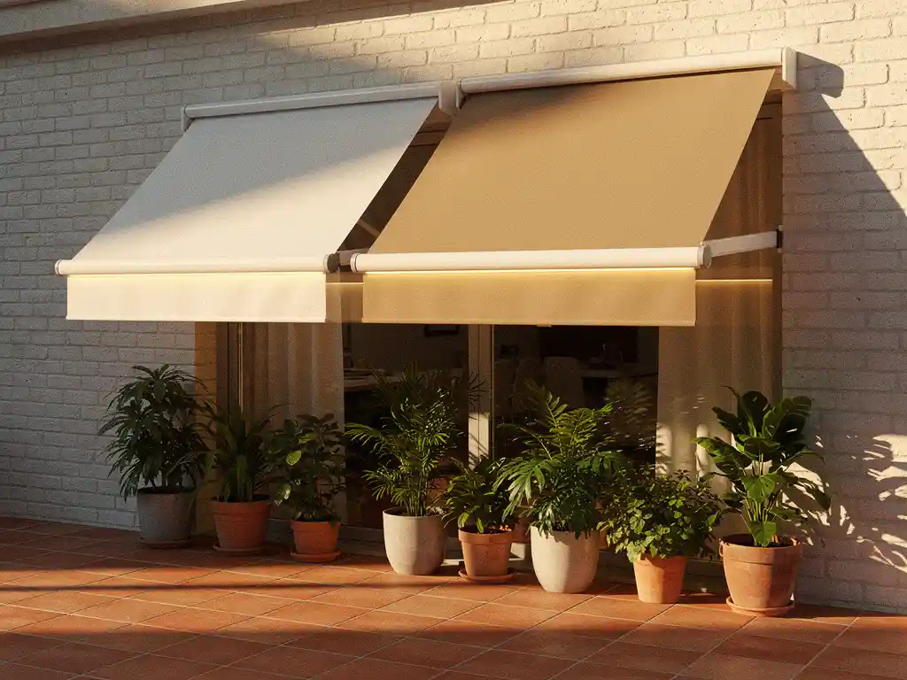Moderne uittrekbare luifel met gelede armen op lichte bakstenen gevel, LED-verlichting langs de zoom, terracotta tegels in middagzon.