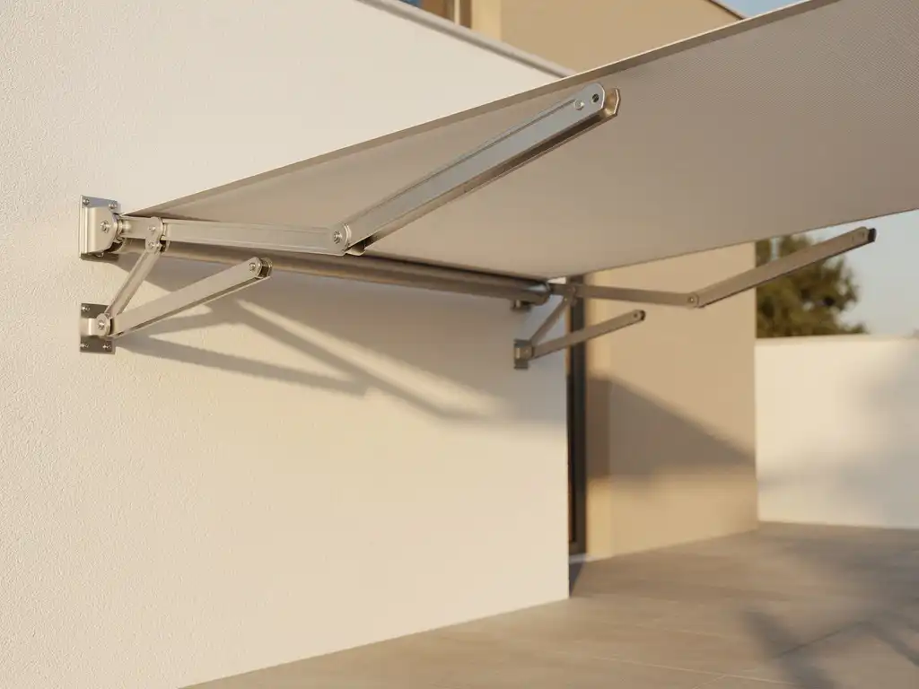 Uitgeschoven knikarmschermen bevestigd aan witte gevel boven zonnig terras, met zichtbare scharnieren en strak gespannen doek.