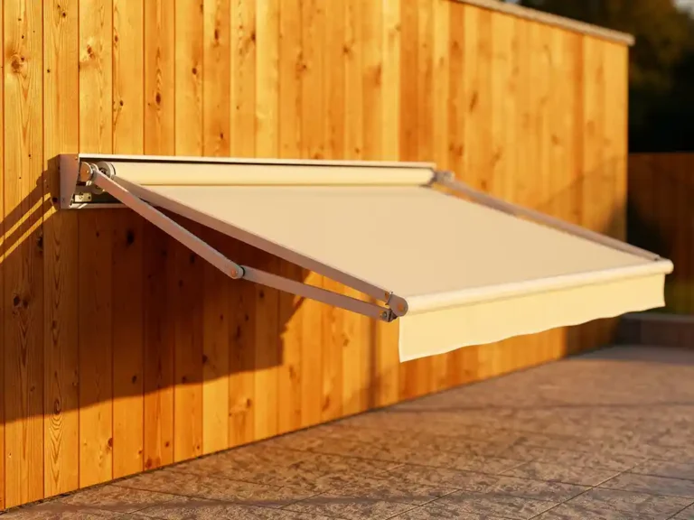 Uitgeschoven terrasoverkapping met gewrichtsarmen gemonteerd op houten gevel, crèmewit doek beschaduwt zonnig terras met stenen tegels.