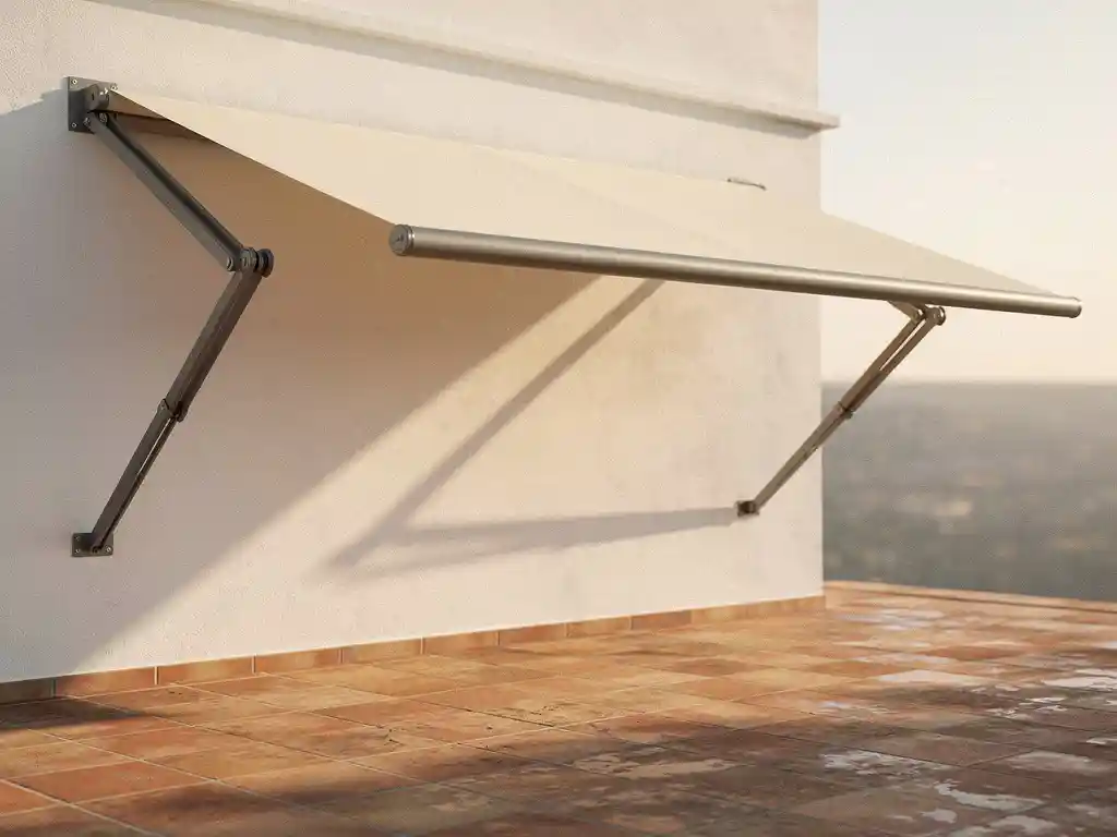 Uittrekbare knikarmscherm half uitgevouwen op wit geverfde gevel, één arm vastgelopen, boven terras met terracotta tegels.