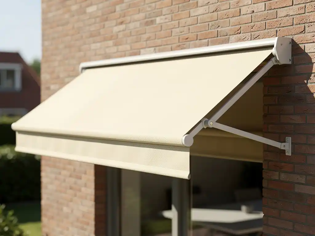 Cassette-zonwering met geweven crèmedoek volledig uitgerold over zonnig terras aan moderne Nederlandse bakstenen gevel.