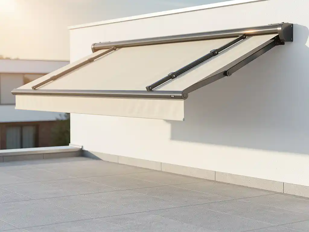 Moderne uitschuifbare zonwering met twee zichtbare armen op wit Nederlands woonhuis boven plat dak, crème en antraciet tinten.