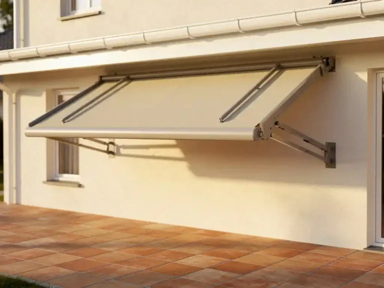 Uitgeschoven terrasoverkapping met twee schaararmen op Nederlandse woning, strakke doekrand onder witte dakgoot, zonnig terras met terracotta tegels.